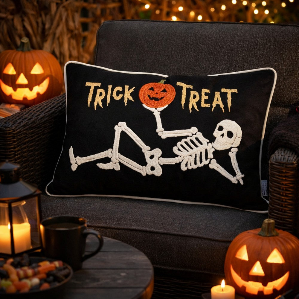 Teya Lumbar Pillow | Skeleton Embroidery | Trick or Treat Black Velvet 14x20