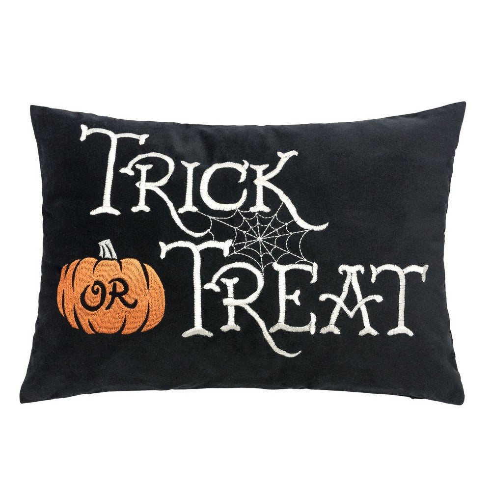 Teya Lumbar Pillow | TRICK OR TREAT Embroidery Pumpkin | Black Velvet 14x20