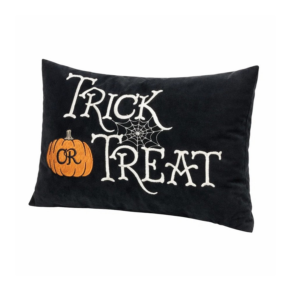 Teya Lumbar Pillow | TRICK OR TREAT Embroidery Pumpkin | Black Velvet 14x20