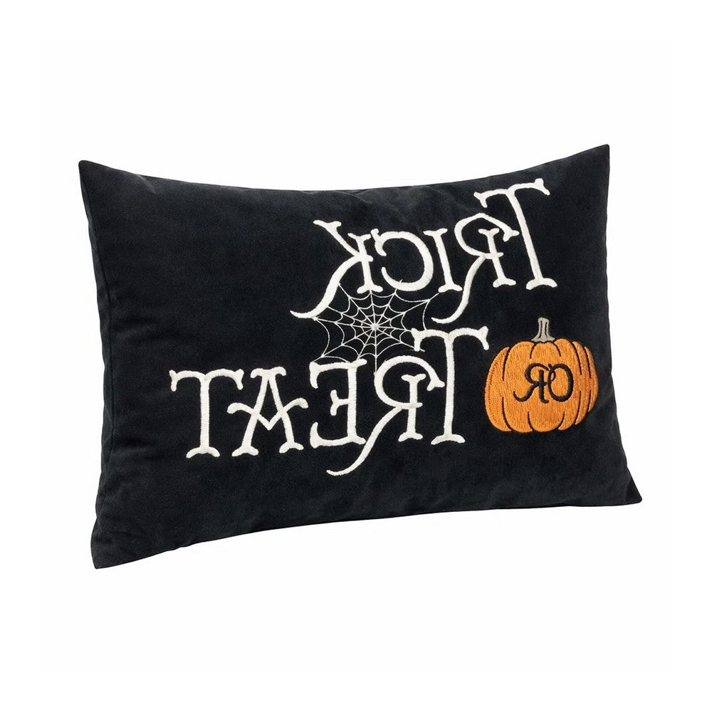 Teya Lumbar Pillow | TRICK OR TREAT Embroidery Pumpkin | Black Velvet 14x20