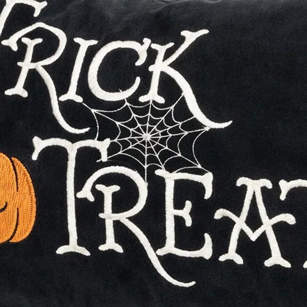 Teya Lumbar Pillow | TRICK OR TREAT Embroidery Pumpkin | Black Velvet 14x20