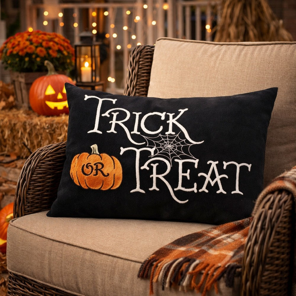 Teya Lumbar Pillow | TRICK OR TREAT Embroidery Pumpkin | Black Velvet 14x20