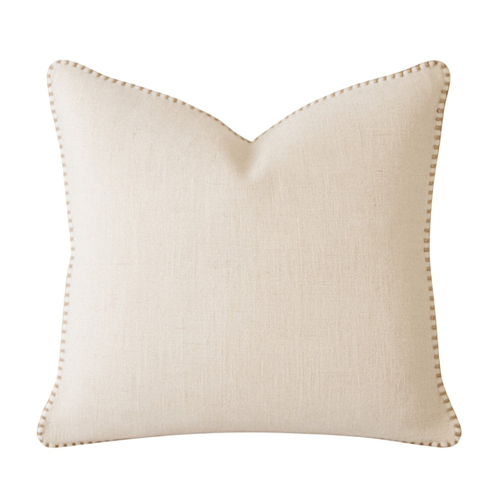 Niva Square Throw Pillow | Linen-Like Ivory | Decorative Stitched trim 24x24