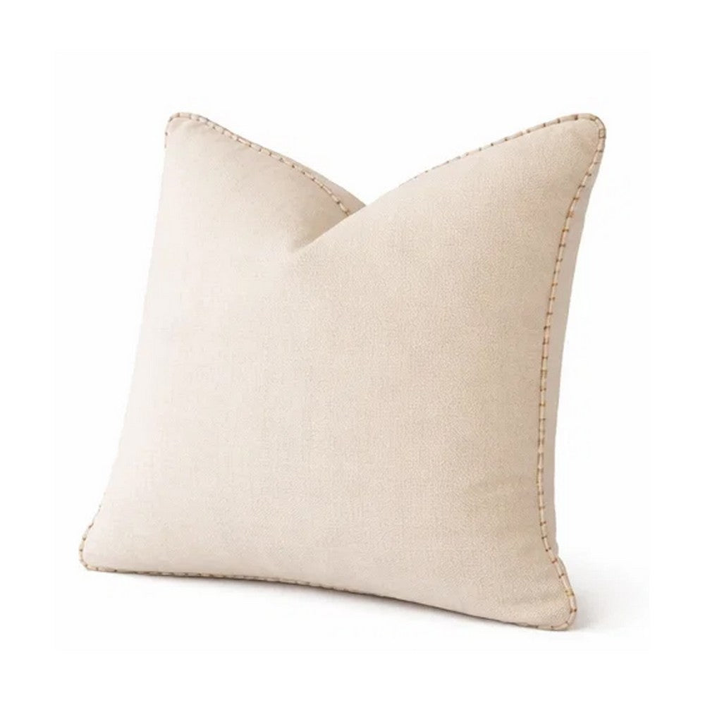 Niva Square Throw Pillow | Linen-Like Ivory | Decorative Stitched trim 24x24