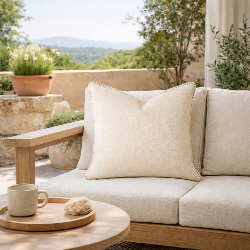 Niva Square Throw Pillow | Linen-Like Ivory | Decorative Stitched trim 24x24