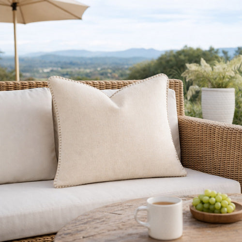 Niva Square Throw Pillow | Linen-Like Ivory | Decorative Stitched trim 24x24
