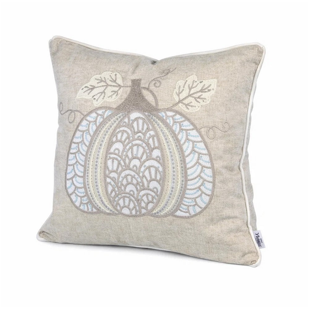 Niva Square Throw Pillow | Lace Embroidered Pumpkin | Linen-Blend Taupe 20"