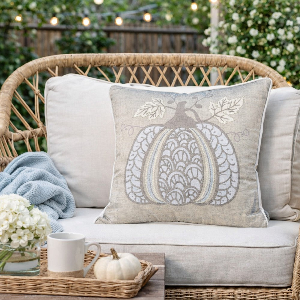 Niva Square Throw Pillow | Lace Embroidered Pumpkin | Linen-Blend Taupe 20"