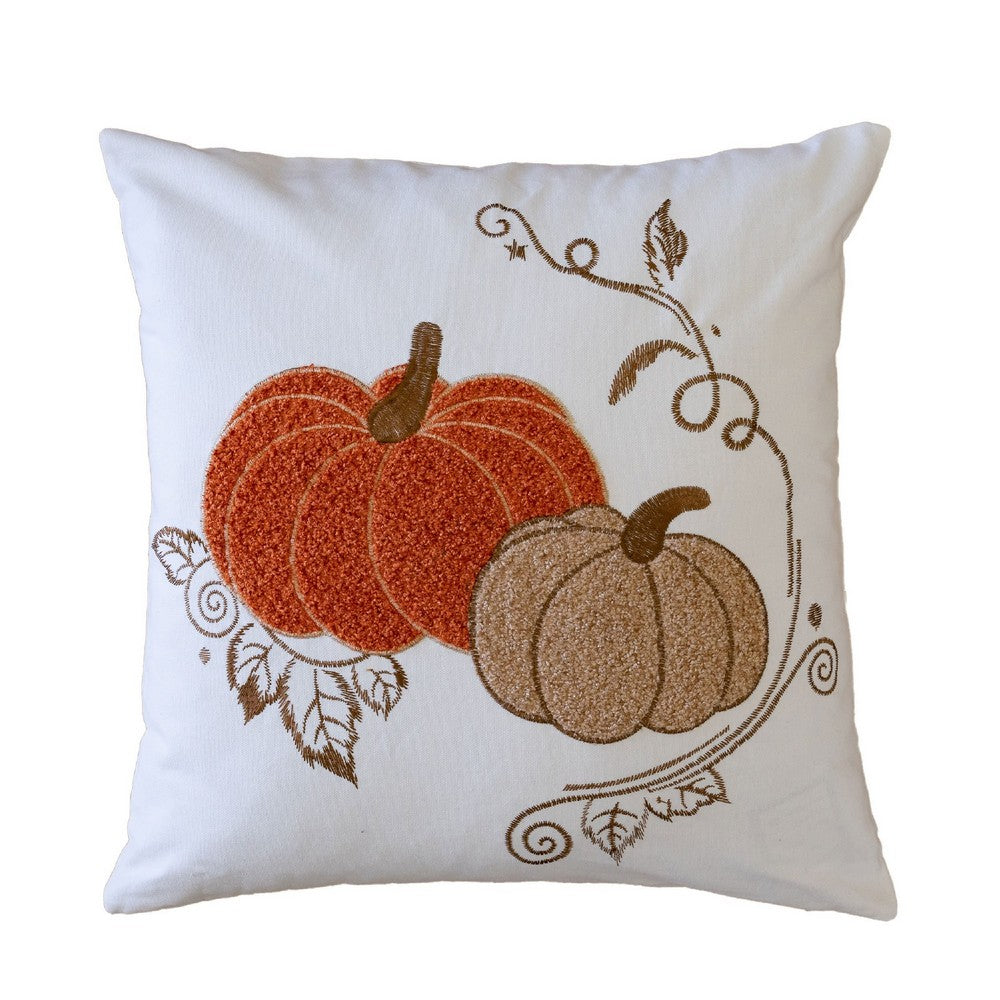 Niva Square Throw Pillow | Embroidered Rust Pumpkins | White Cotton 20"