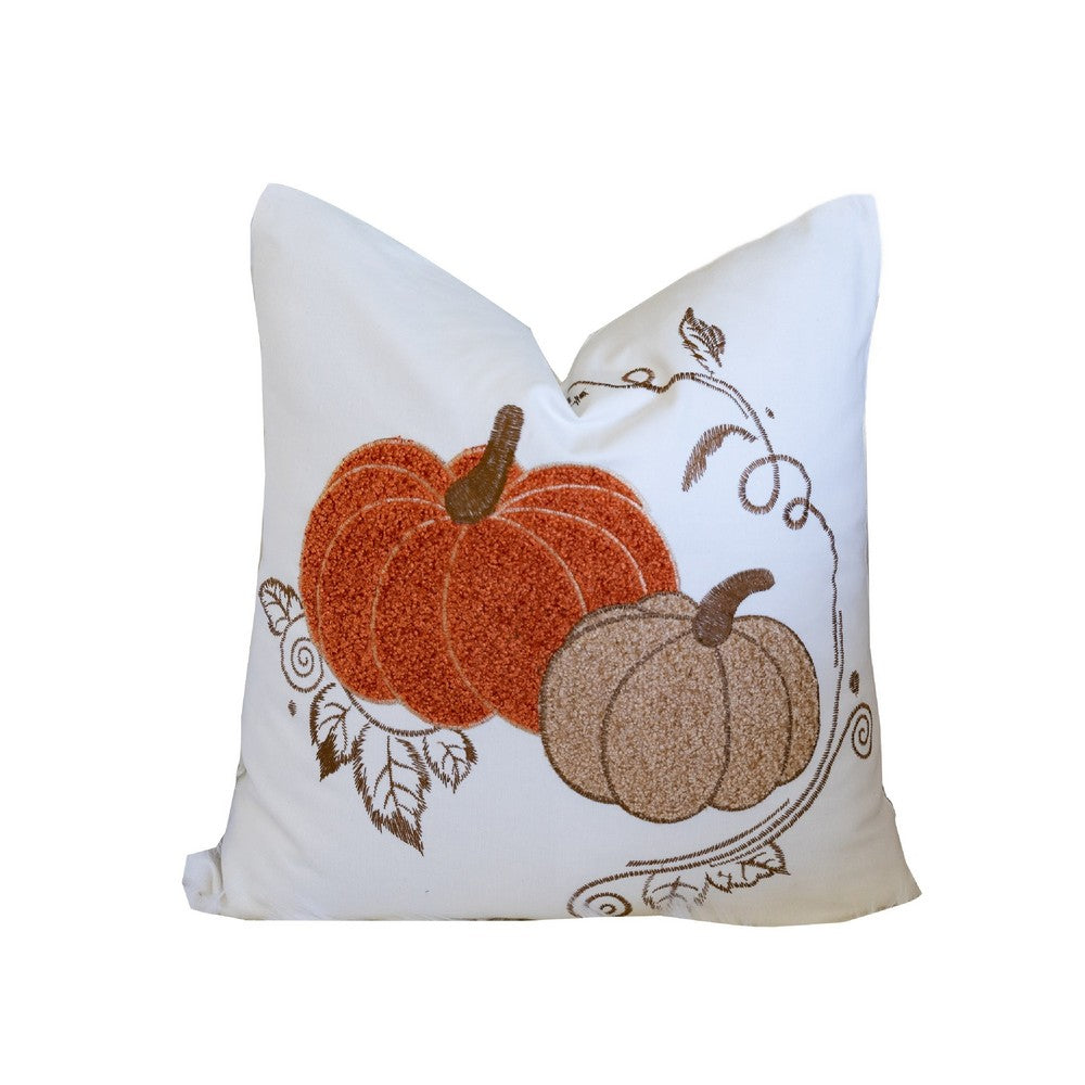 Niva Square Throw Pillow | Embroidered Rust Pumpkins | White Cotton 20"