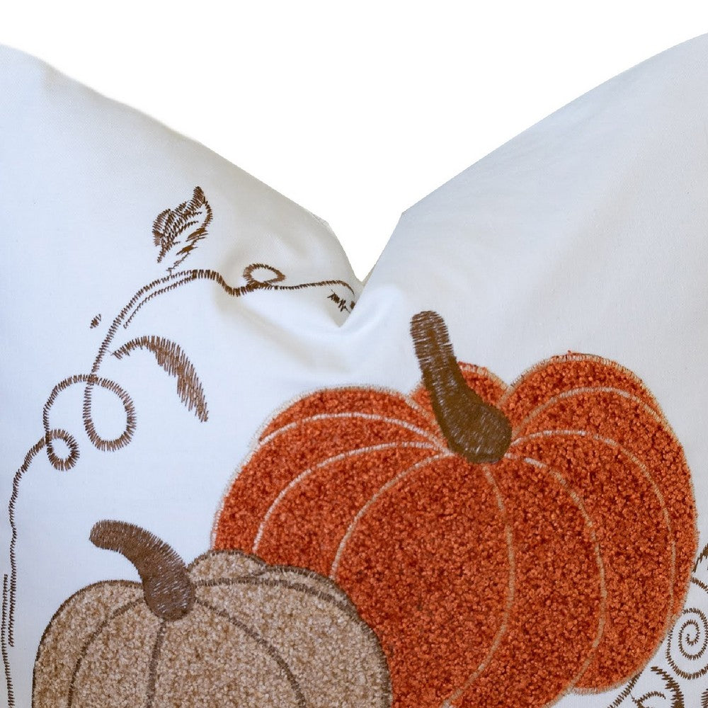 Niva Square Throw Pillow | Embroidered Rust Pumpkins | White Cotton 20"