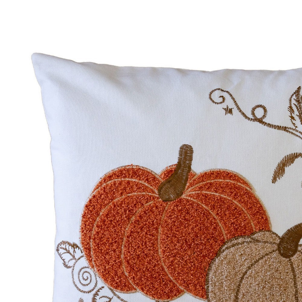 Niva Square Throw Pillow | Embroidered Rust Pumpkins | White Cotton 20"
