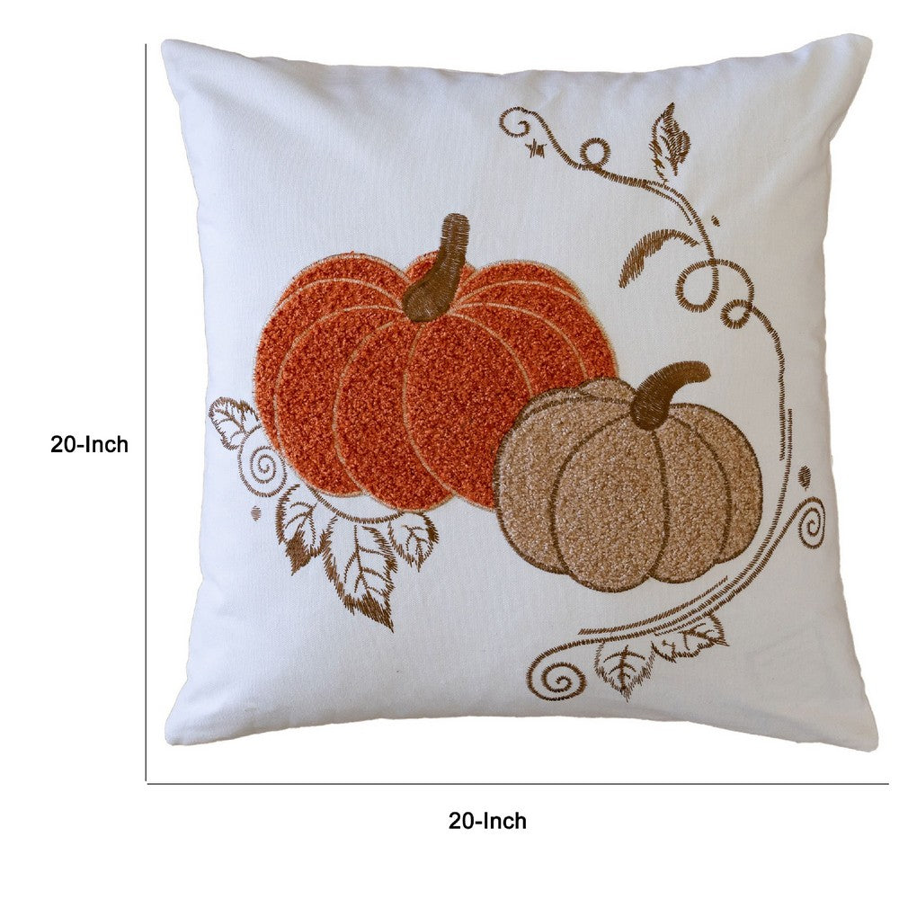 Niva Square Throw Pillow | Embroidered Rust Pumpkins | White Cotton 20"