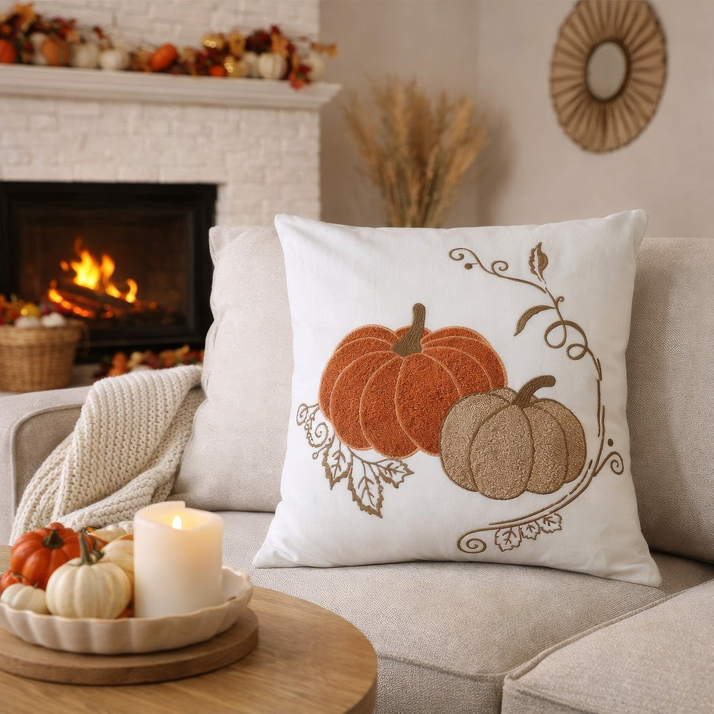 Niva Square Throw Pillow | Embroidered Rust Pumpkins | White Cotton 20"