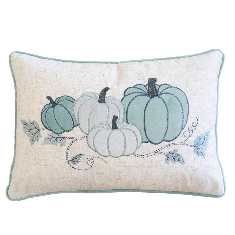 Niva Lumbar Pillow | Blue Embroidered Pumpkin | Ivory Cotton-Blend 14x20