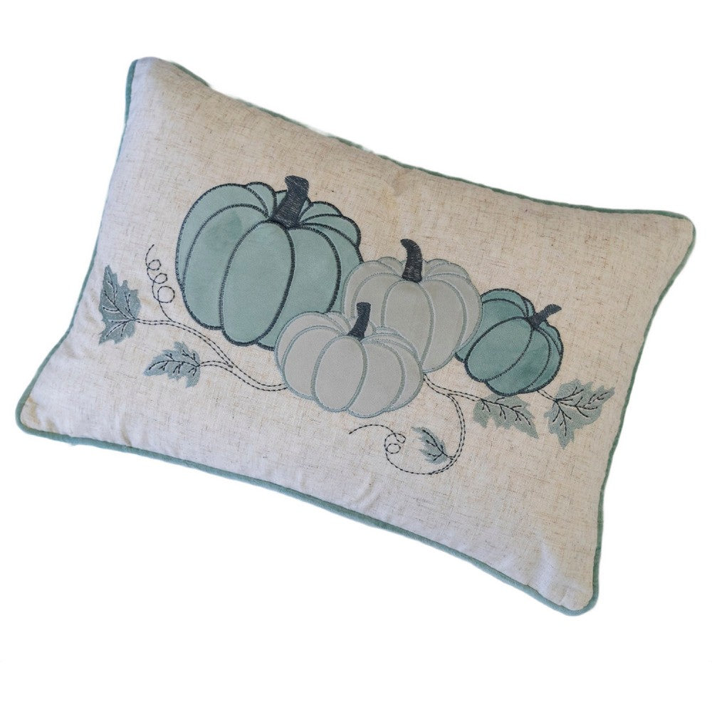 Niva Lumbar Pillow | Blue Embroidered Pumpkin | Ivory Cotton-Blend 14x20