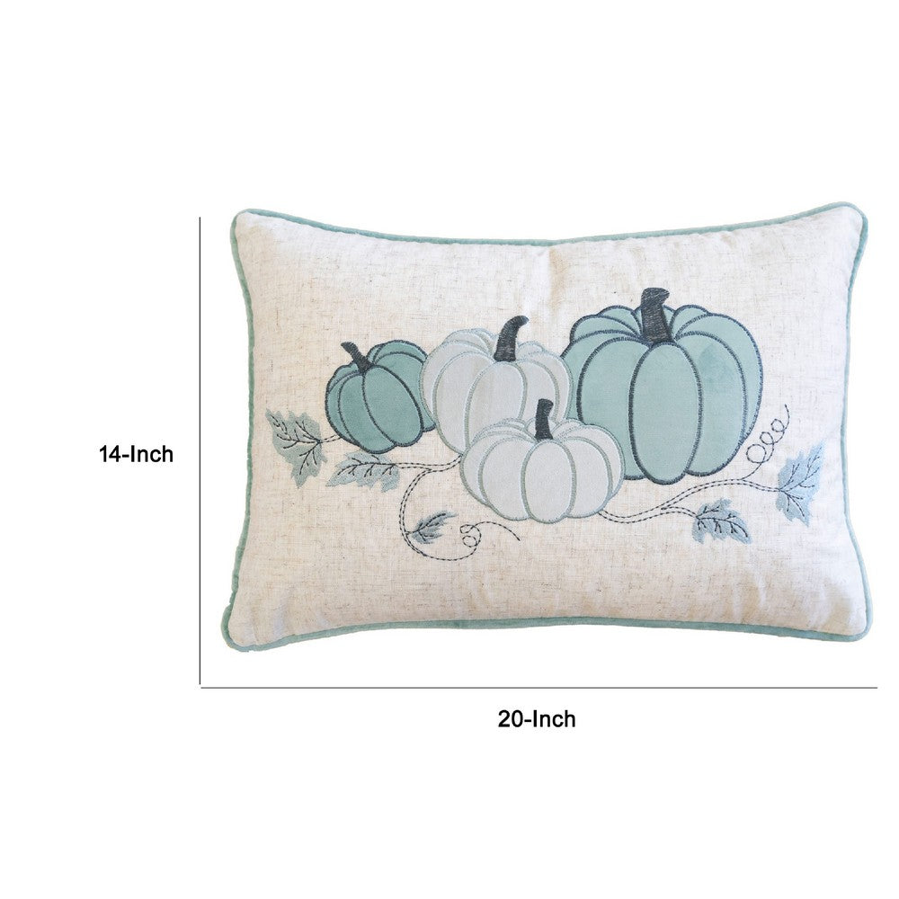 Niva Lumbar Pillow | Blue Embroidered Pumpkin | Ivory Cotton-Blend 14x20
