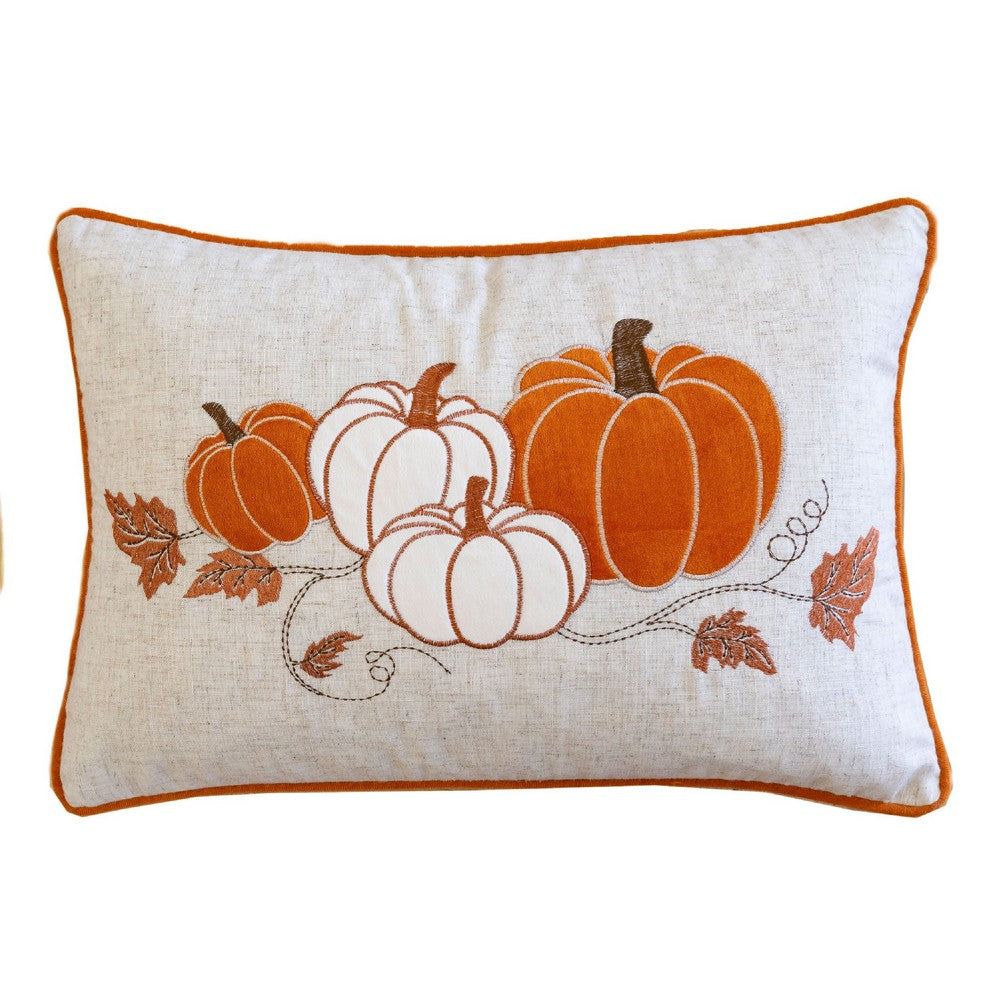 Niva Lumbar Pillow | Rust Embroidered Pumpkin | Ivory Cotton-Blend 14x20