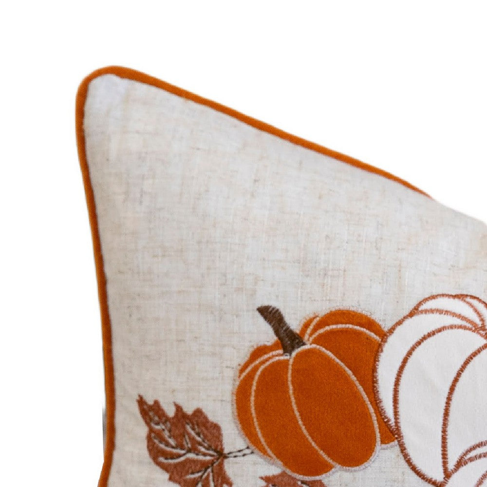 Niva Lumbar Pillow | Rust Embroidered Pumpkin | Ivory Cotton-Blend 14x20