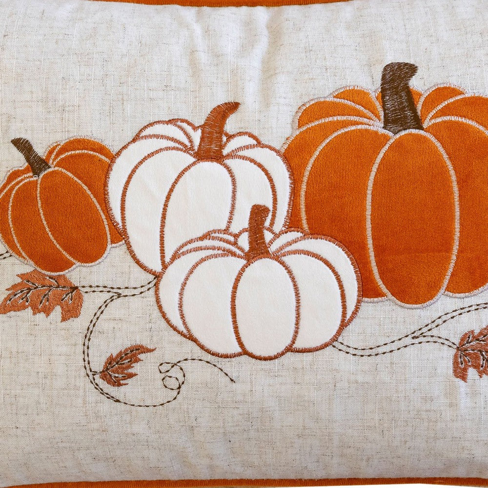 Niva Lumbar Pillow | Rust Embroidered Pumpkin | Ivory Cotton-Blend 14x20