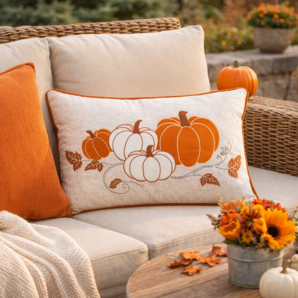 Niva Lumbar Pillow | Rust Embroidered Pumpkin | Ivory Cotton-Blend 14x20