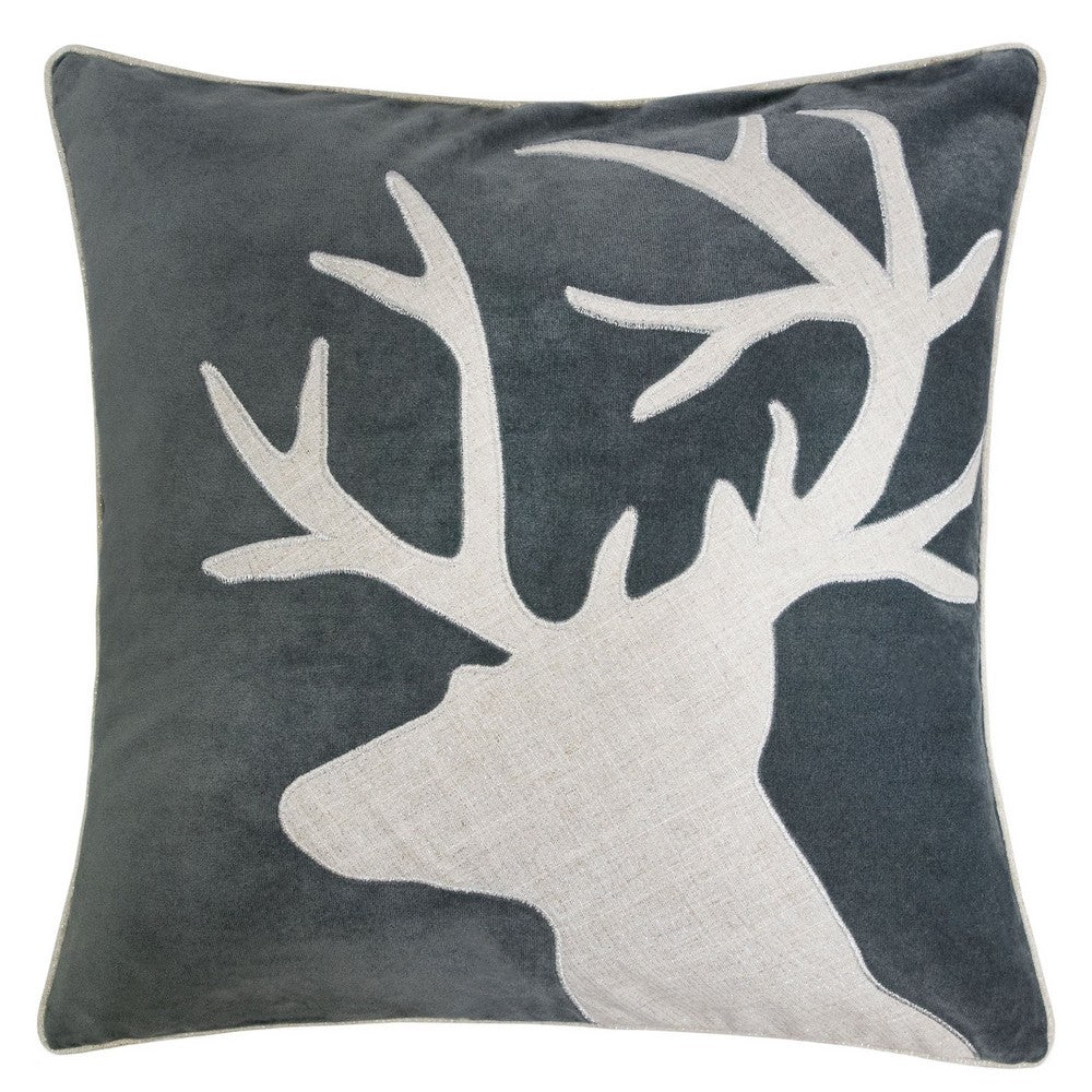 Lopa Square Throw Pillow | Holiday Reindeer Embroidery | Gray Velvet 20"
