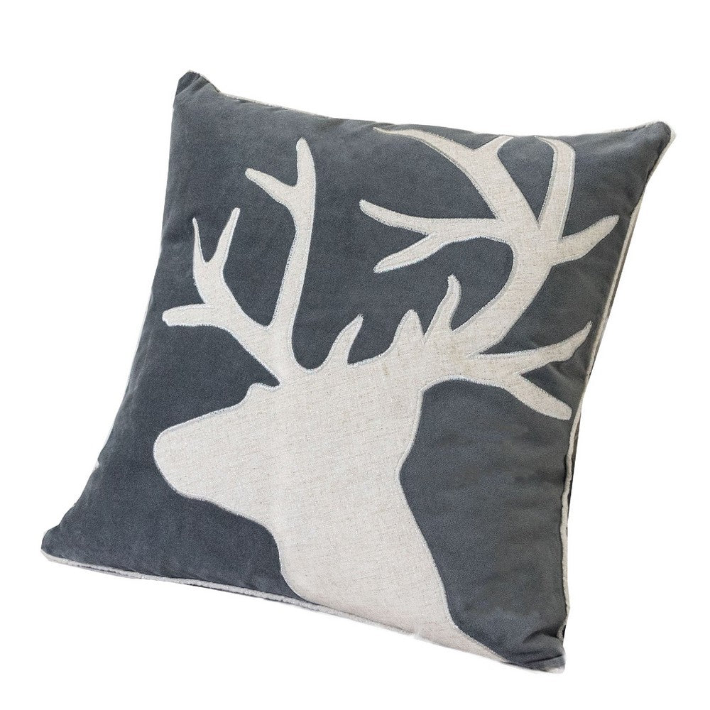 Lopa Square Throw Pillow | Holiday Reindeer Embroidery | Gray Velvet 20"