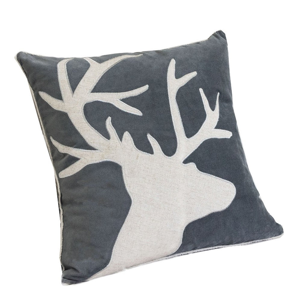 Lopa Square Throw Pillow | Holiday Reindeer Embroidery | Gray Velvet 20"