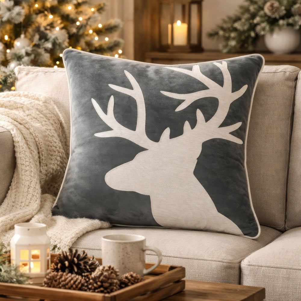 Lopa Square Throw Pillow | Holiday Reindeer Embroidery | Gray Velvet 20"