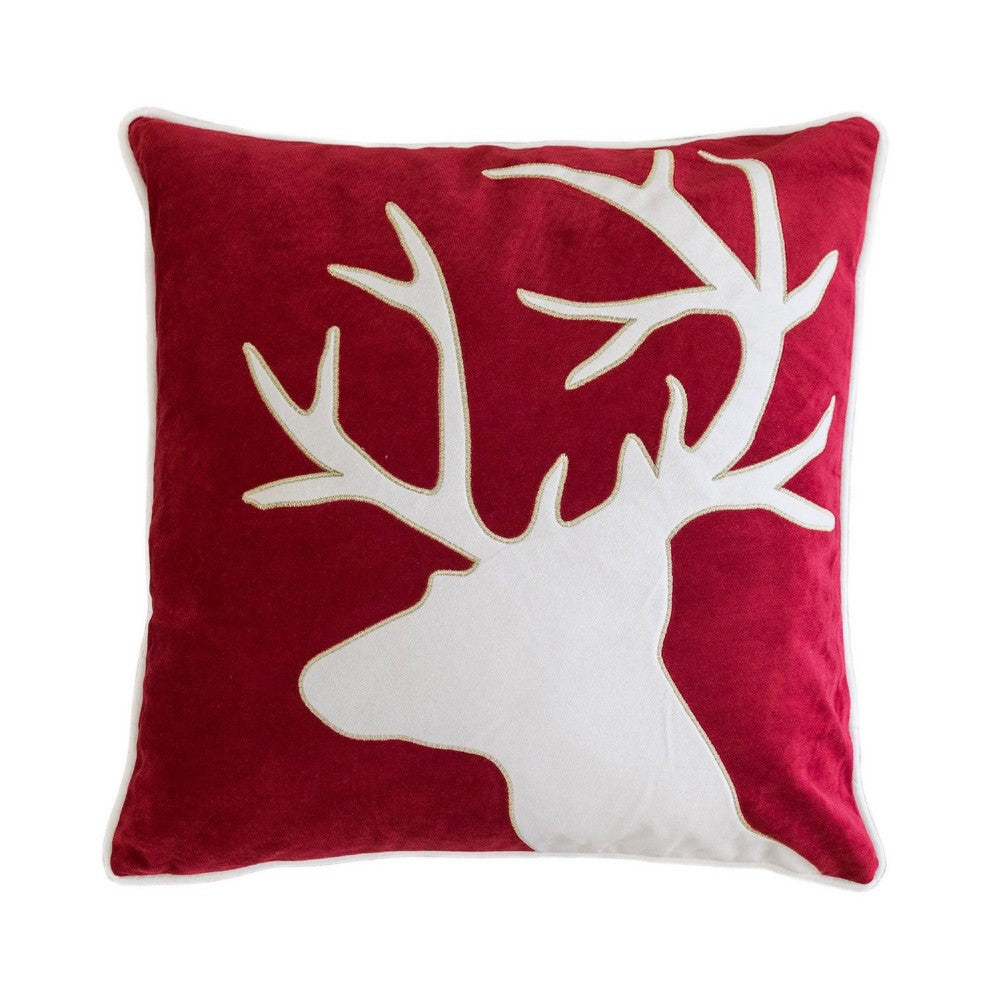 Lopa Square Throw Pillow | Holiday Reindeer Embroidery | Red Velvet 20"
