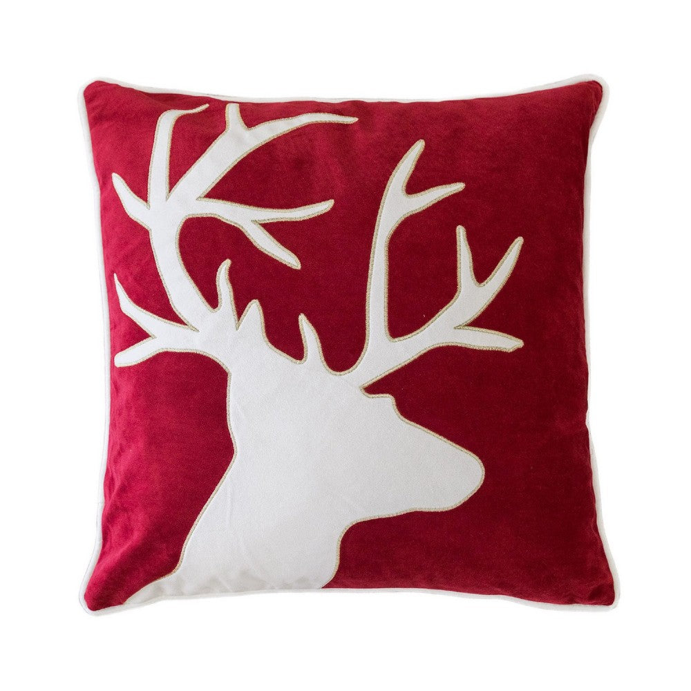 Lopa Square Throw Pillow | Holiday Reindeer Embroidery | Red Velvet 20"
