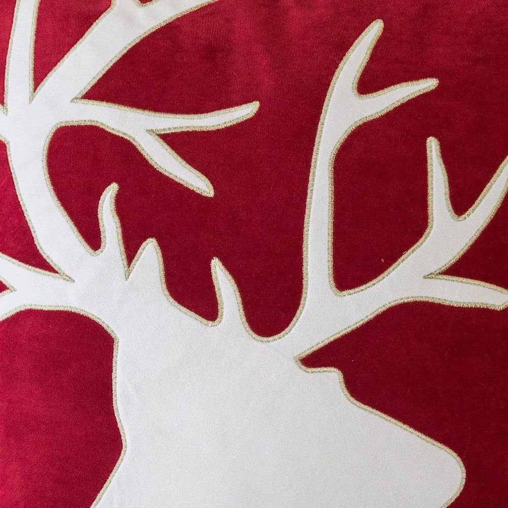 Lopa Square Throw Pillow | Holiday Reindeer Embroidery | Red Velvet 20"