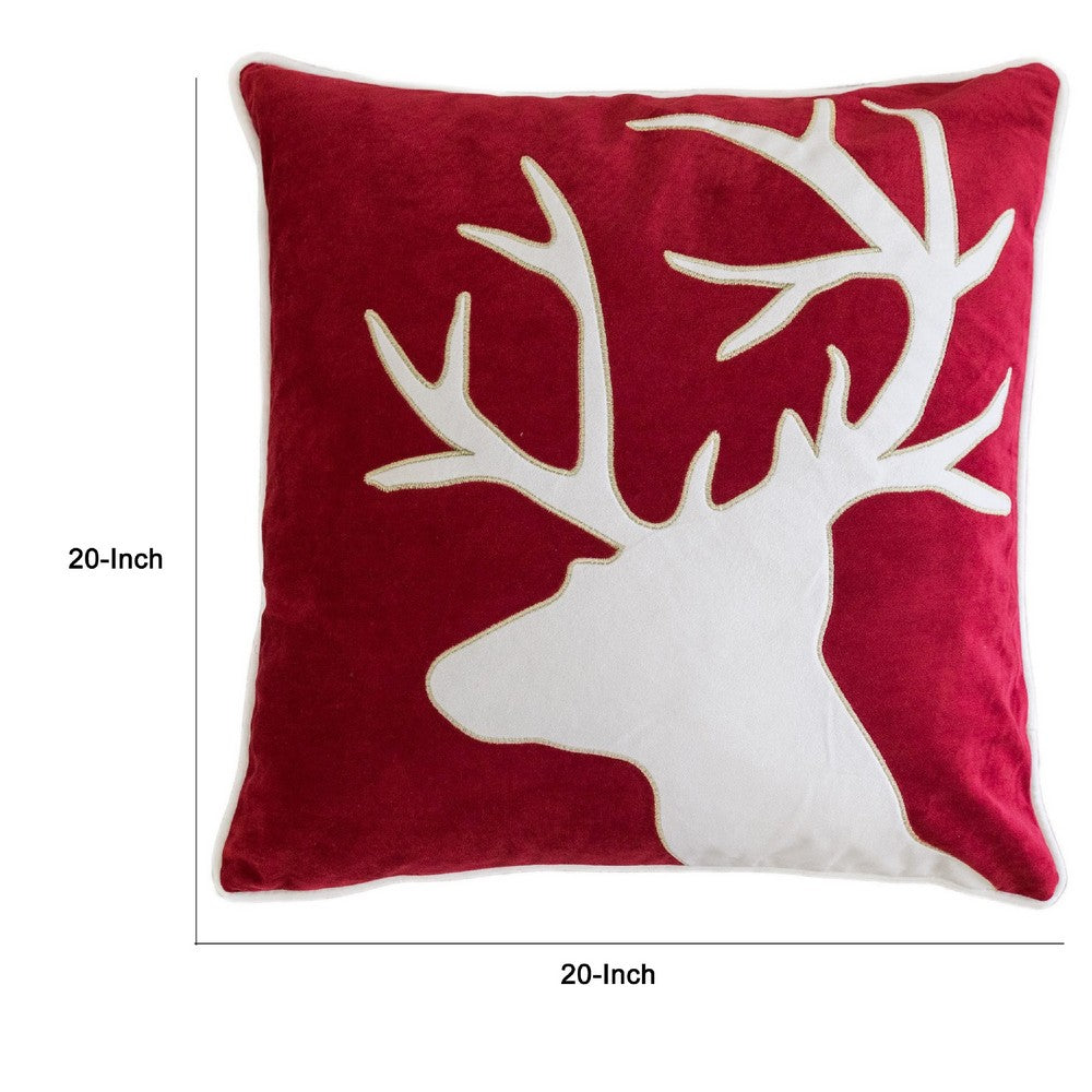 Lopa Square Throw Pillow | Holiday Reindeer Embroidery | Red Velvet 20"