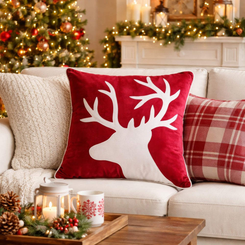 Lopa Square Throw Pillow | Holiday Reindeer Embroidery | Red Velvet 20"