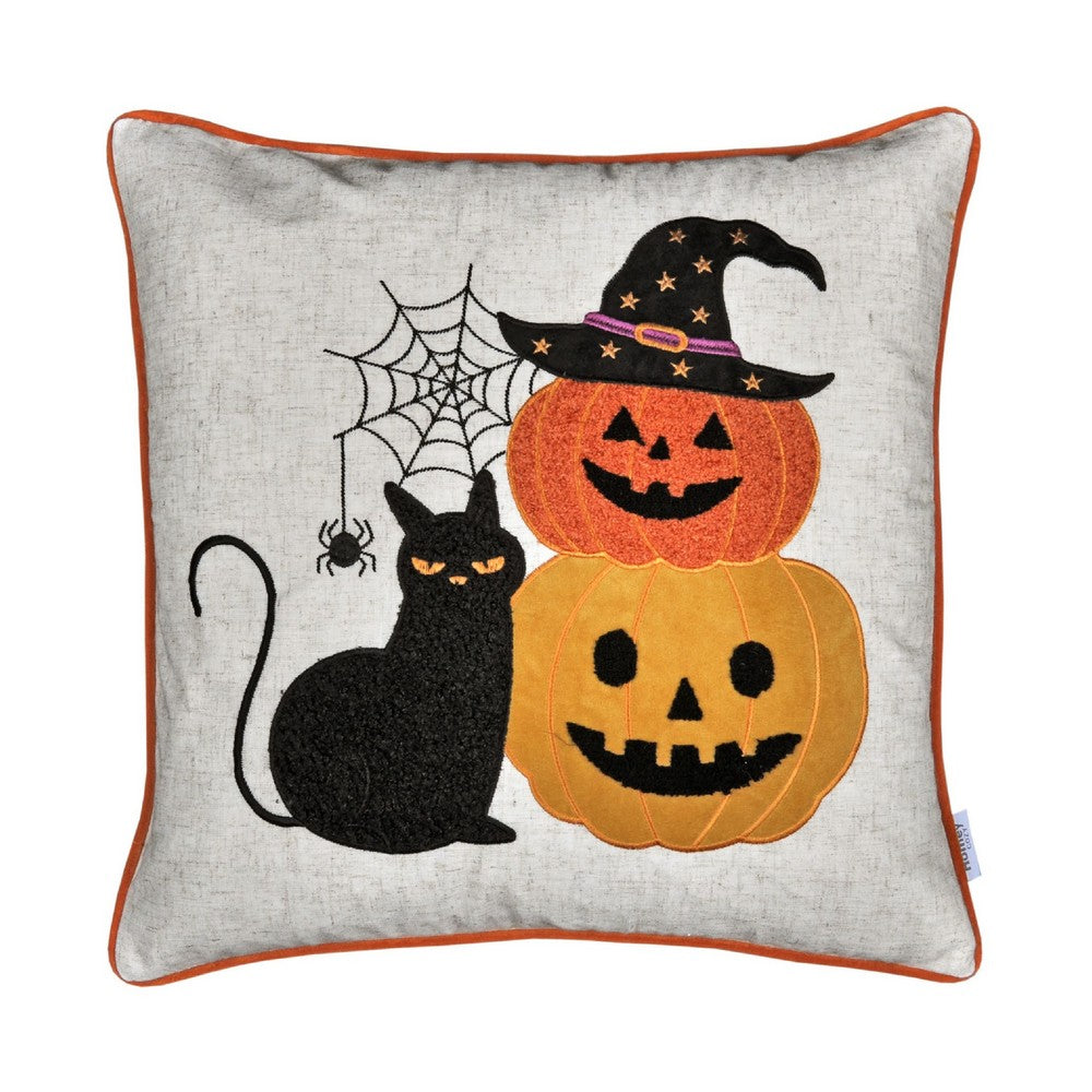 Square Throw Pillow | Cat & Pumpkin Stack | Ivory Linen-Like Fabric 20"