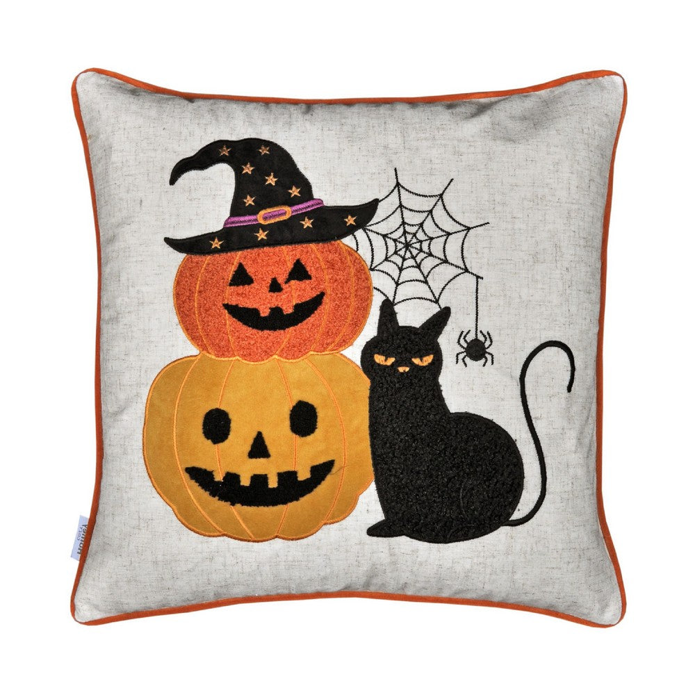 Square Throw Pillow | Cat & Pumpkin Stack | Ivory Linen-Like Fabric 20"