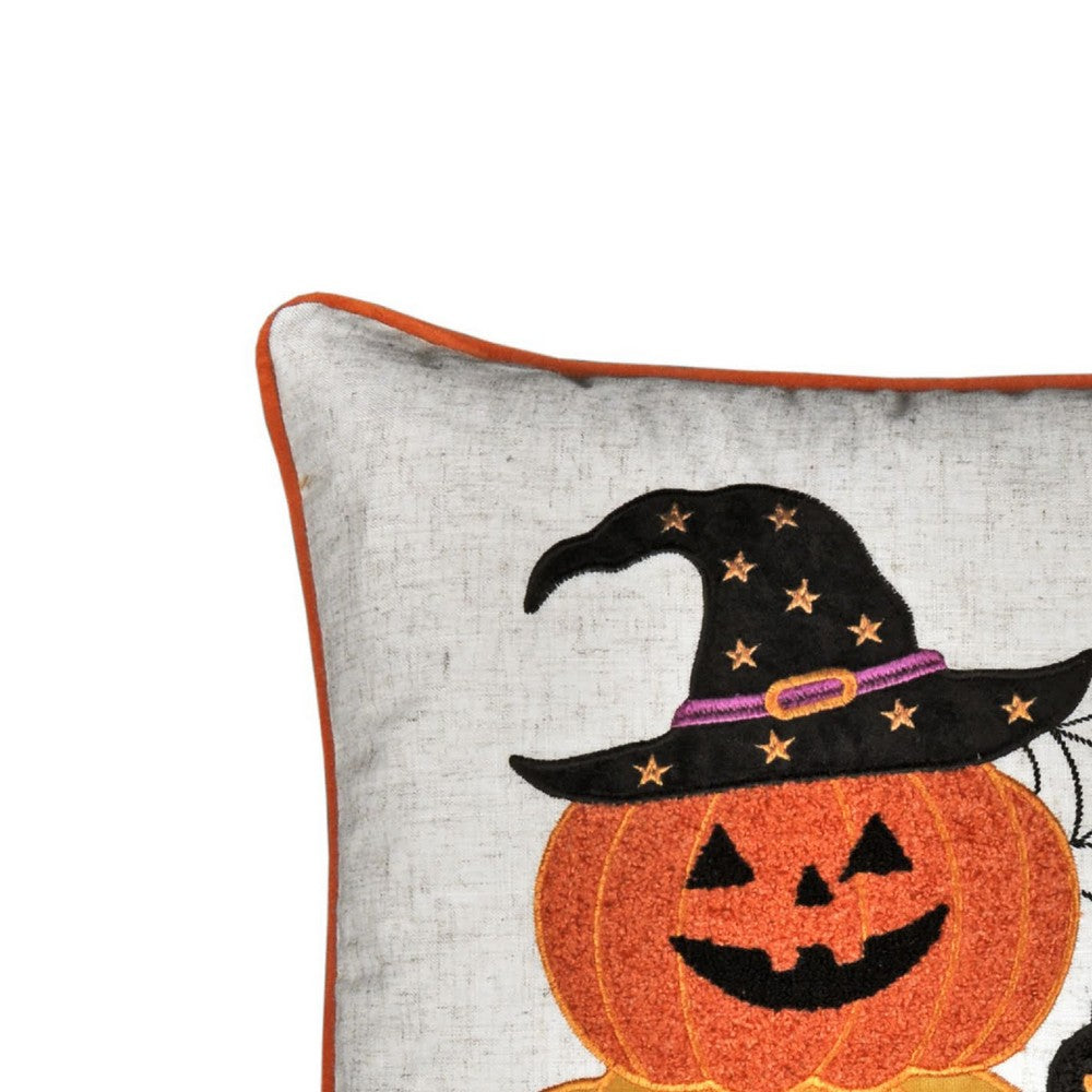 Square Throw Pillow | Cat & Pumpkin Stack | Ivory Linen-Like Fabric 20"
