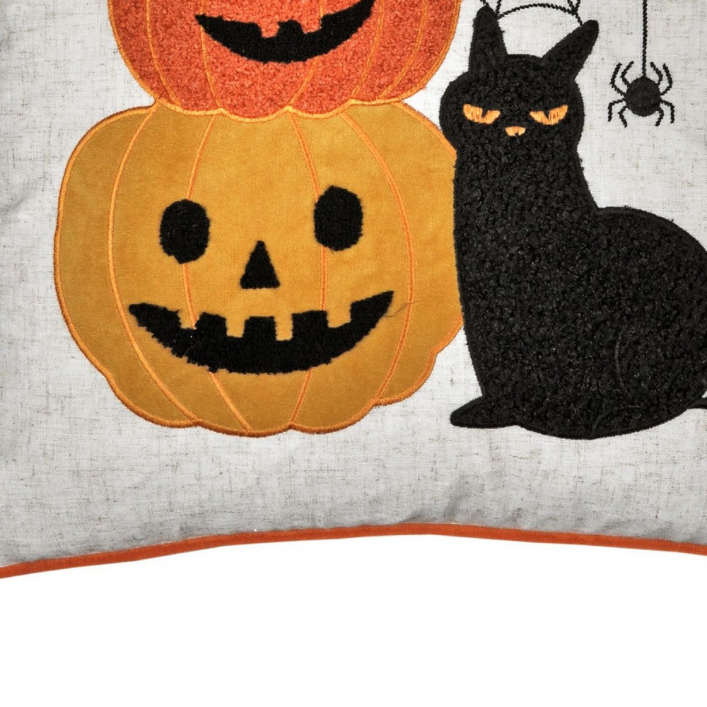 Square Throw Pillow | Cat & Pumpkin Stack | Ivory Linen-Like Fabric 20"