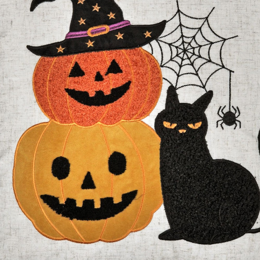 Square Throw Pillow | Cat & Pumpkin Stack | Ivory Linen-Like Fabric 20"