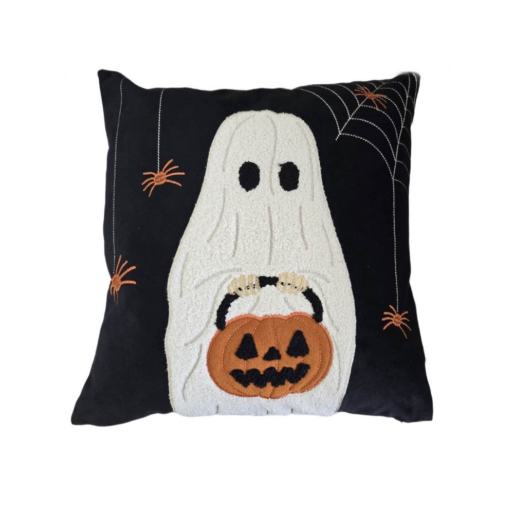 Square Throw Pillow | White Ghost w Pumpkin Bucket | Black Polyester 20"