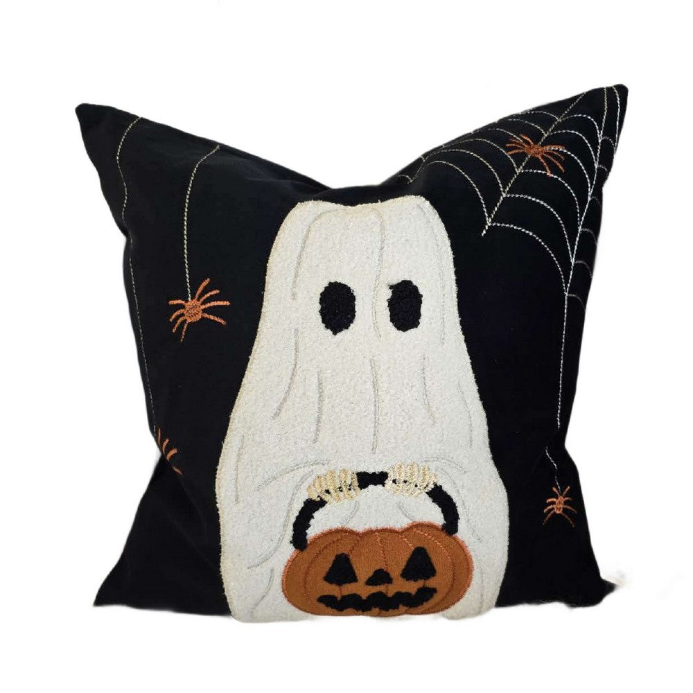 Square Throw Pillow | White Ghost w Pumpkin Bucket | Black Polyester 20"