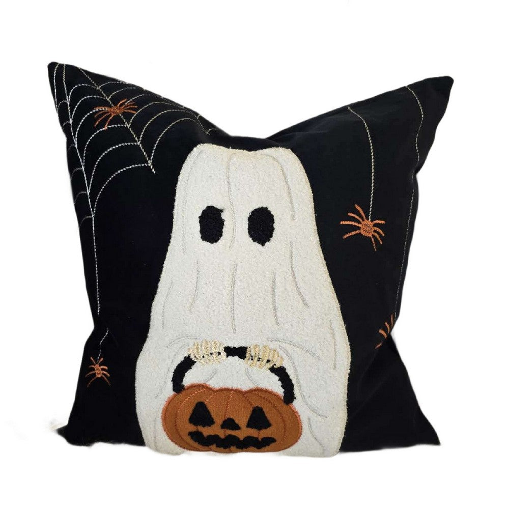 Square Throw Pillow | White Ghost w Pumpkin Bucket | Black Polyester 20"