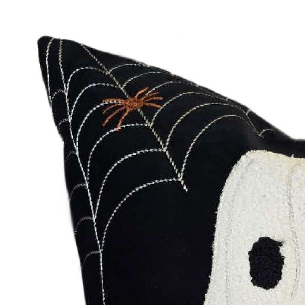 Square Throw Pillow | White Ghost w Pumpkin Bucket | Black Polyester 20"