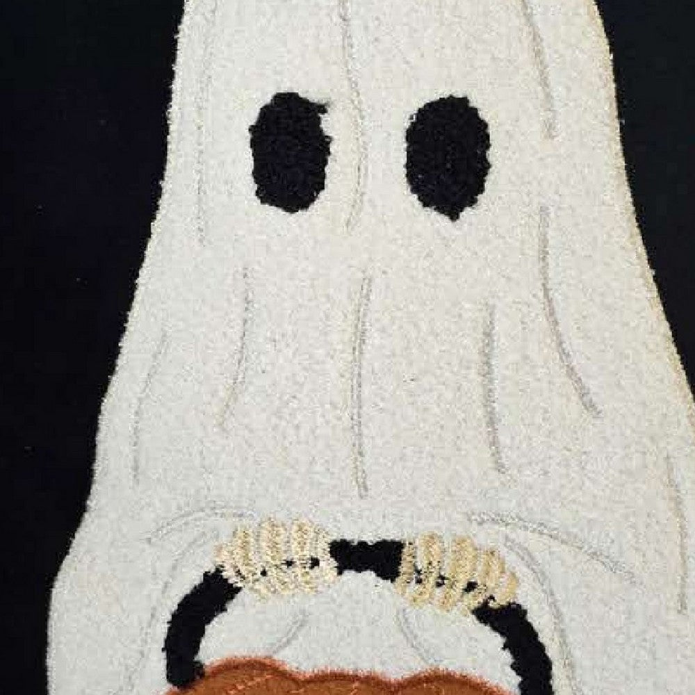 Square Throw Pillow | White Ghost w Pumpkin Bucket | Black Polyester 20"