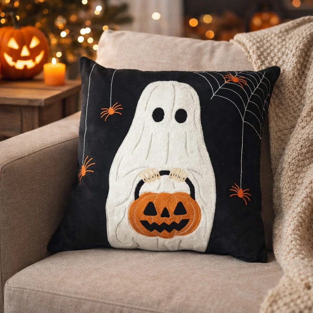 Square Throw Pillow | White Ghost w Pumpkin Bucket | Black Polyester 20"