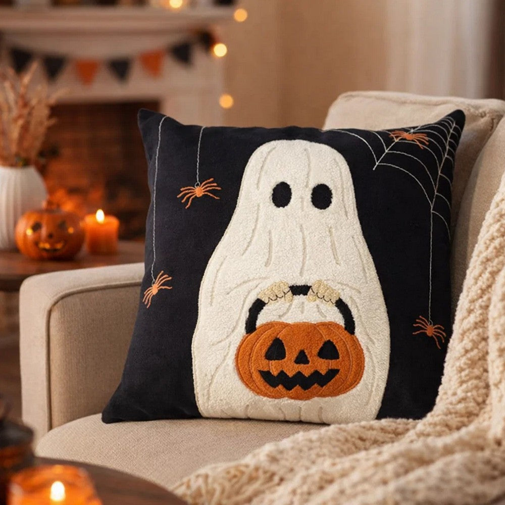 Square Throw Pillow | White Ghost w Pumpkin Bucket | Black Polyester 20"