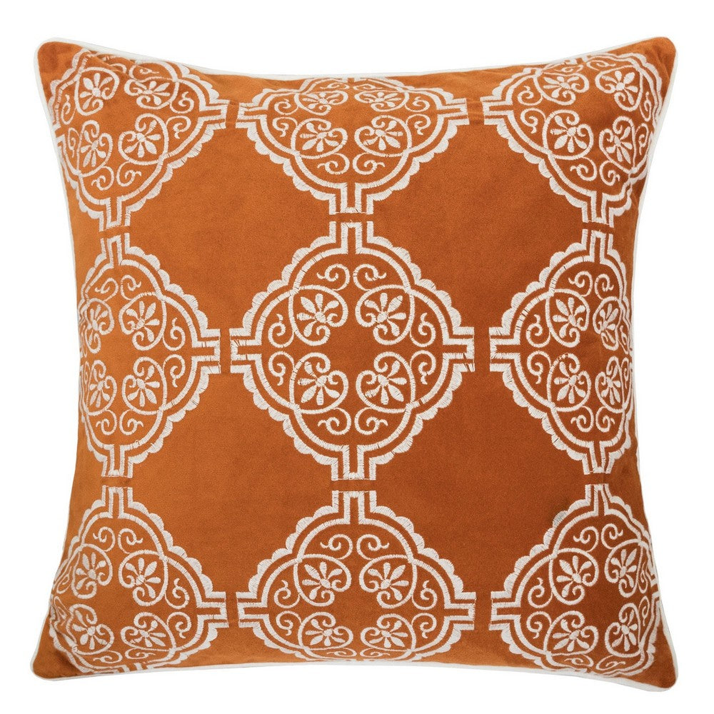 Niva Square Throw Pillow | Damask Embroidery | Burnt Orange Velvet 20"