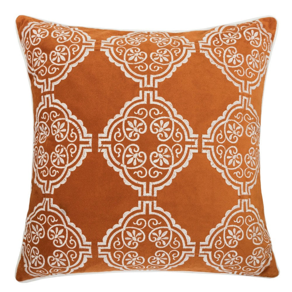 Niva Square Throw Pillow | Damask Embroidery | Burnt Orange Velvet 20"