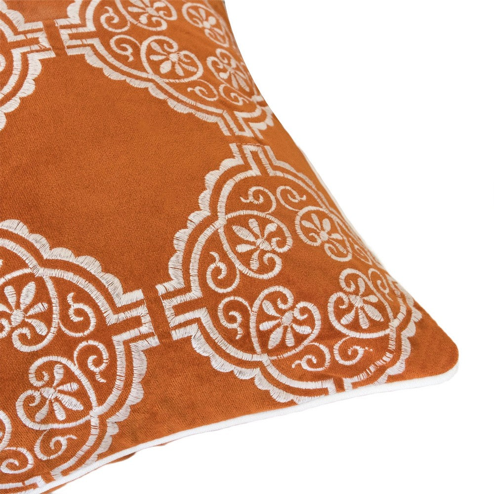 Niva Square Throw Pillow | Damask Embroidery | Burnt Orange Velvet 20"