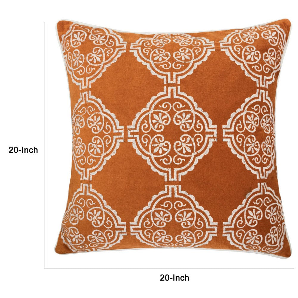 Niva Square Throw Pillow | Damask Embroidery | Burnt Orange Velvet 20"